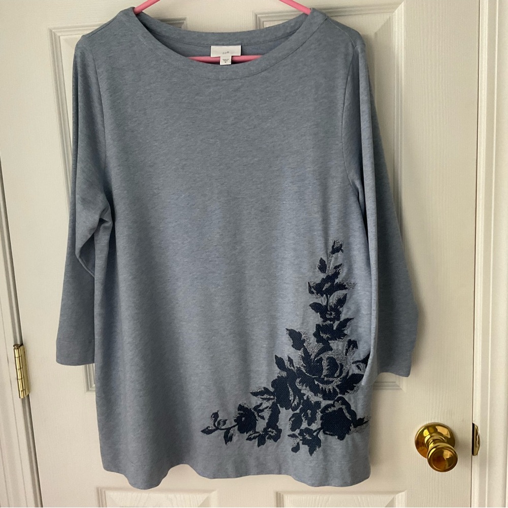 J. Jill Embroidered-Flowers French Terry Top Pullover Size Medium
